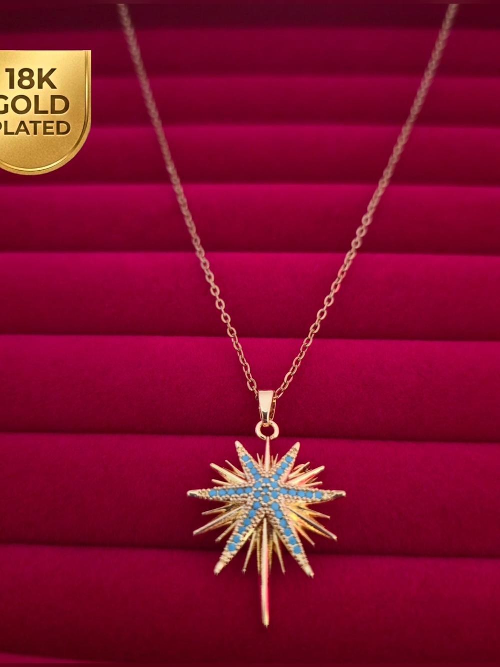 Gold Plated Blue Starburst‎ Pendant Necklace - NEW Summer Jewelry B003